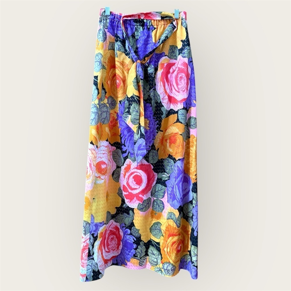 Vintage Floral 70s long Skirt pink purple and orange stretch with tie waist